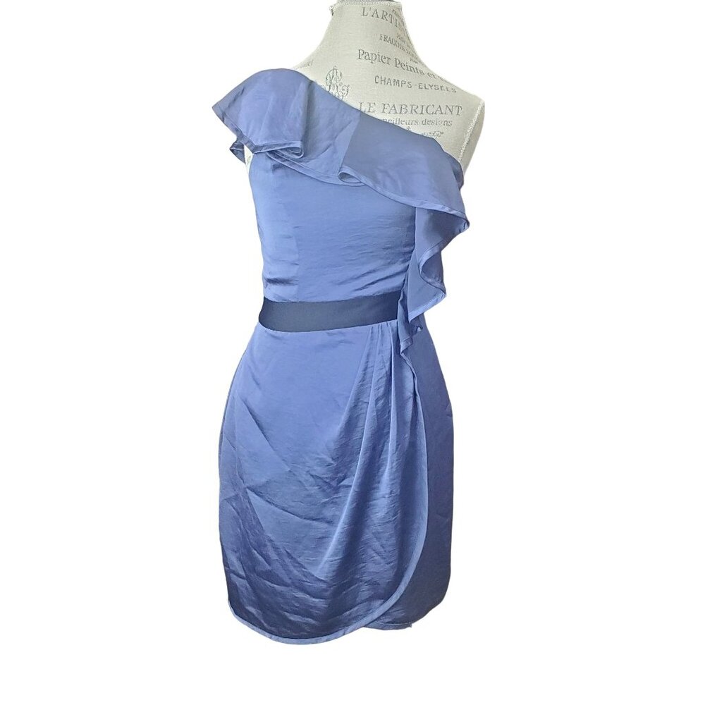 BCBGGENERATION Womens Dress Size 6 One Shoulder Ruffle Blue Smoke Side Zip Short